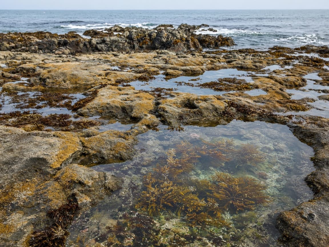 Generated illustration of a temperate Australian rocky shore at low tide with tide pools, kelp, and ochre-grey rock platforms.