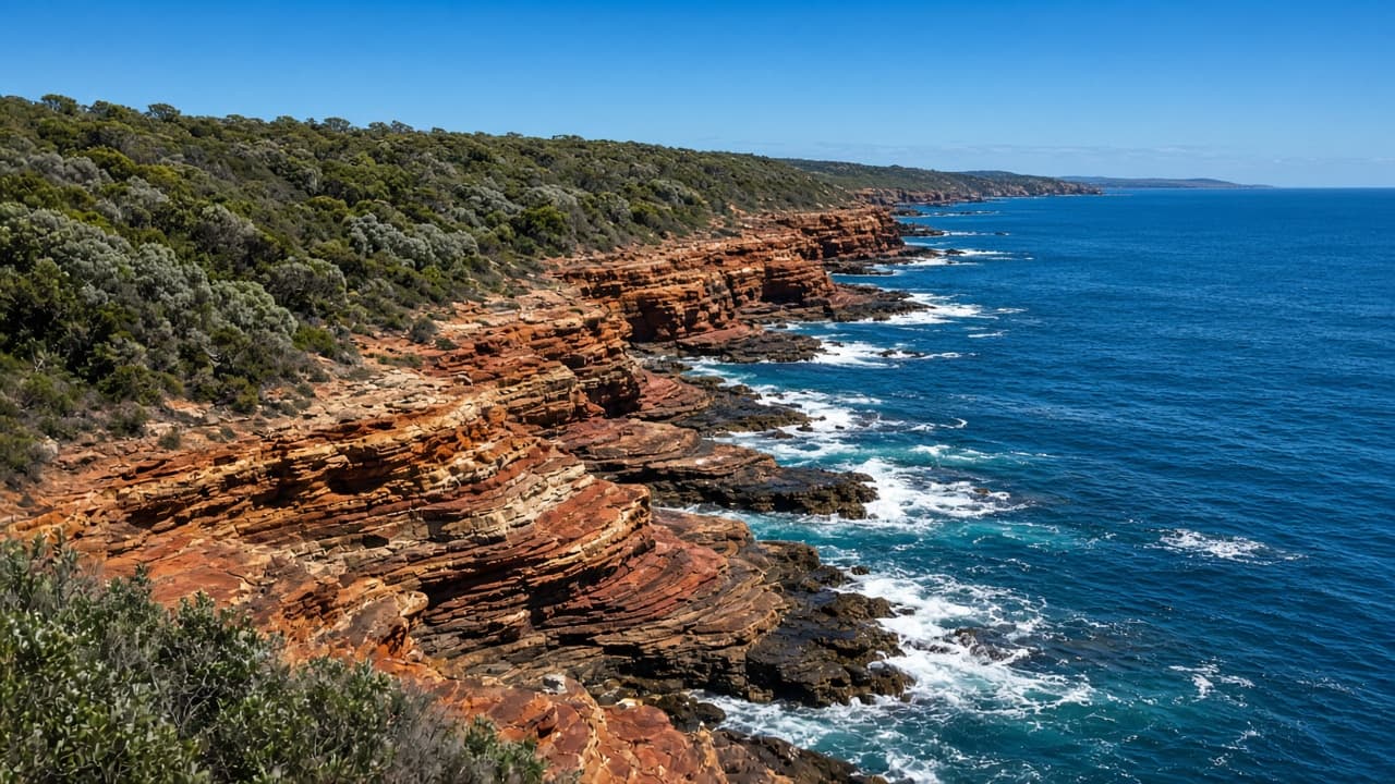 Generated illustration of folded red-orange coastal rock platforms against intense sapphire water and tea-tree scrub, in the character of Beowa National Park.