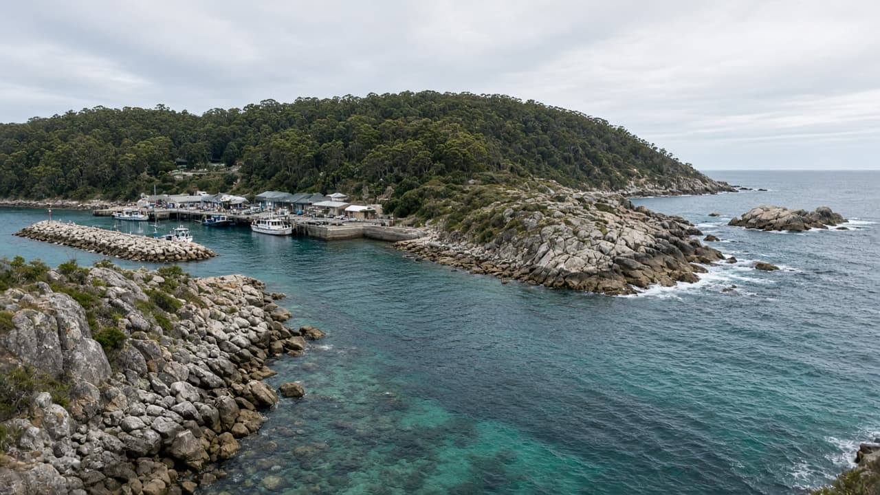Generated illustration of a small fishing harbour and rocky coastline with forested hills, in the character of Bermagui.