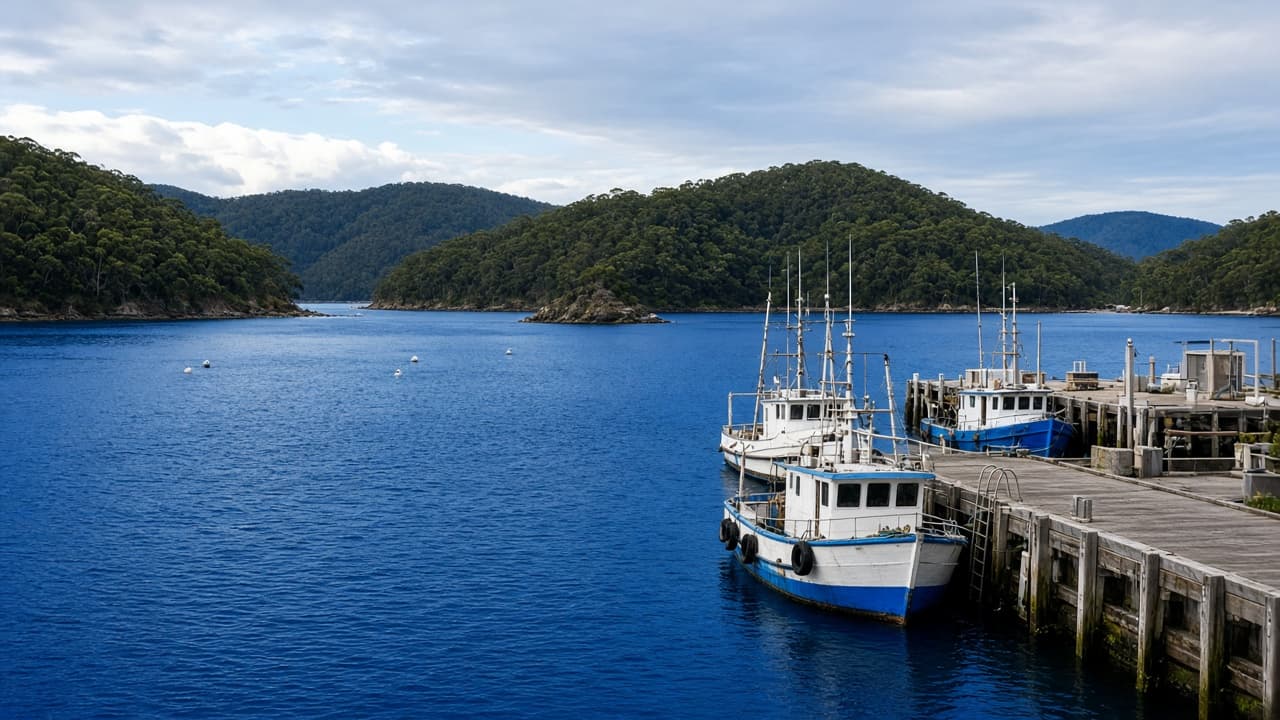 Generated illustration of a sheltered deep-blue harbour and timber wharf on a forested far-south NSW bay, in the character of Eden’s Twofold Bay.
