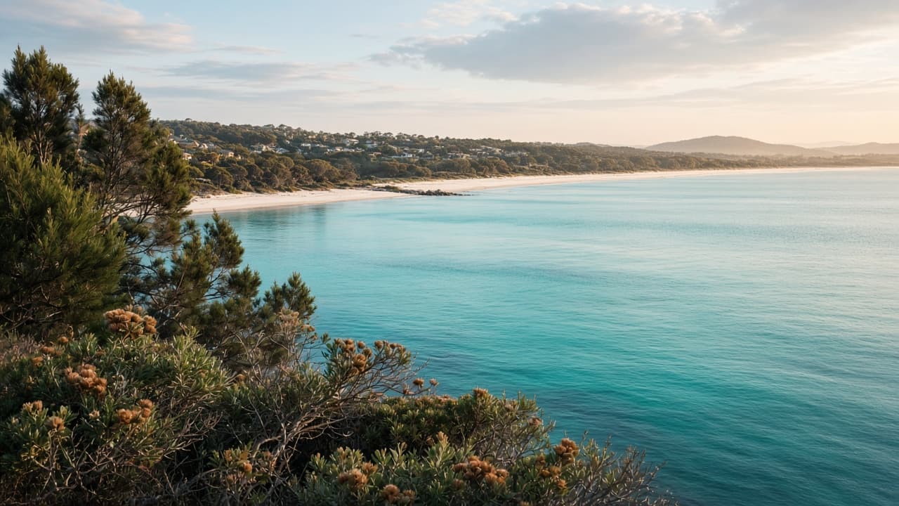 Generated illustration of a calm turquoise-sapphire lagoon meeting a long pale beach with coastal banksia, in the character of Merimbula.
