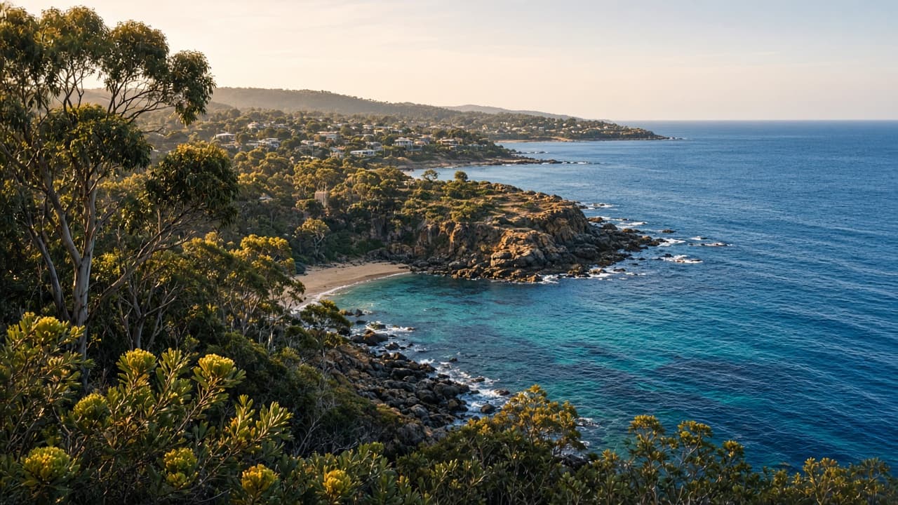 Generated illustration of an elevated NSW south-coast headland above a small bay with coastal eucalypt, in the character of Tathra.