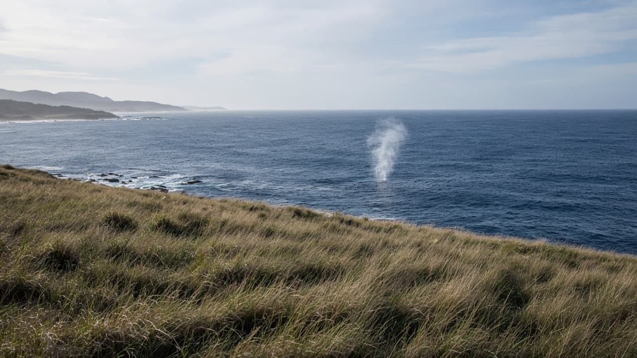 Generated cool-season headland with sapphire water and a distant whale spout.