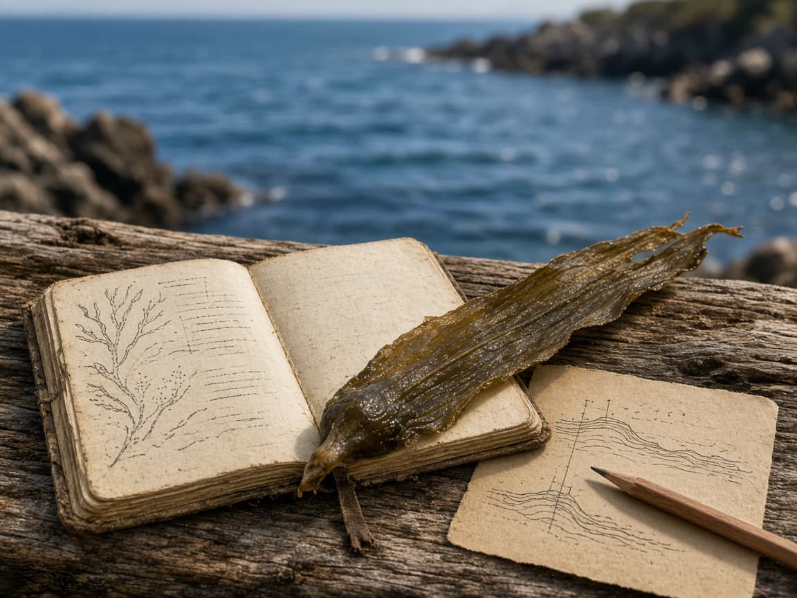Generated editorial still of a field journal and kelp specimen beside coastal water.